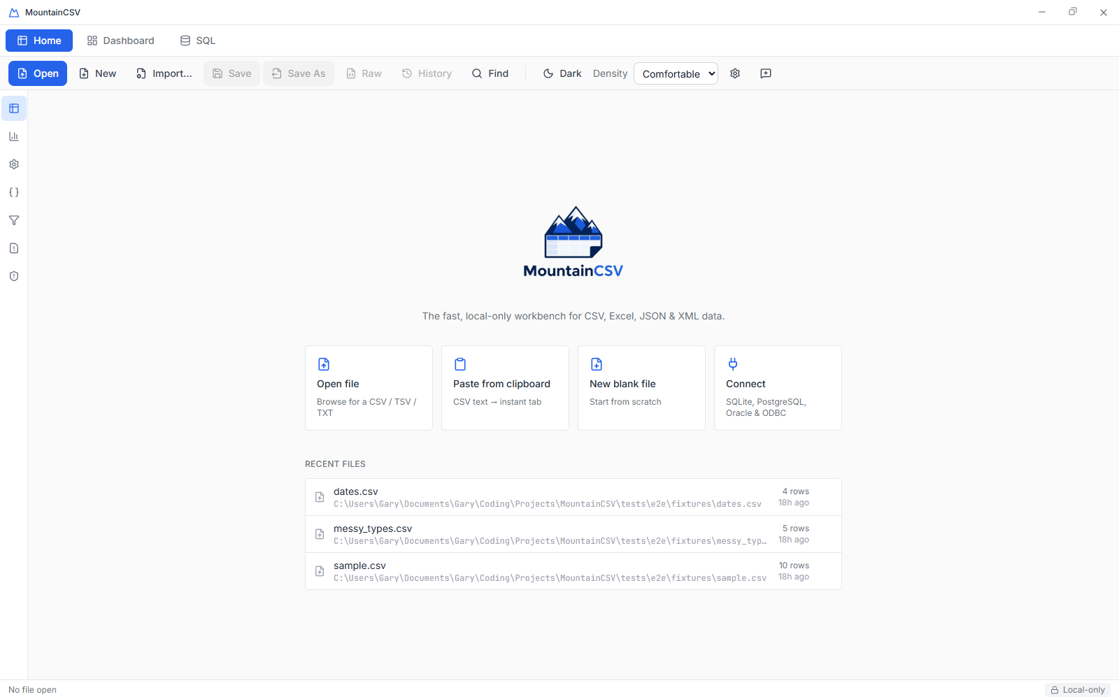 MountainCSV welcome screen with open options