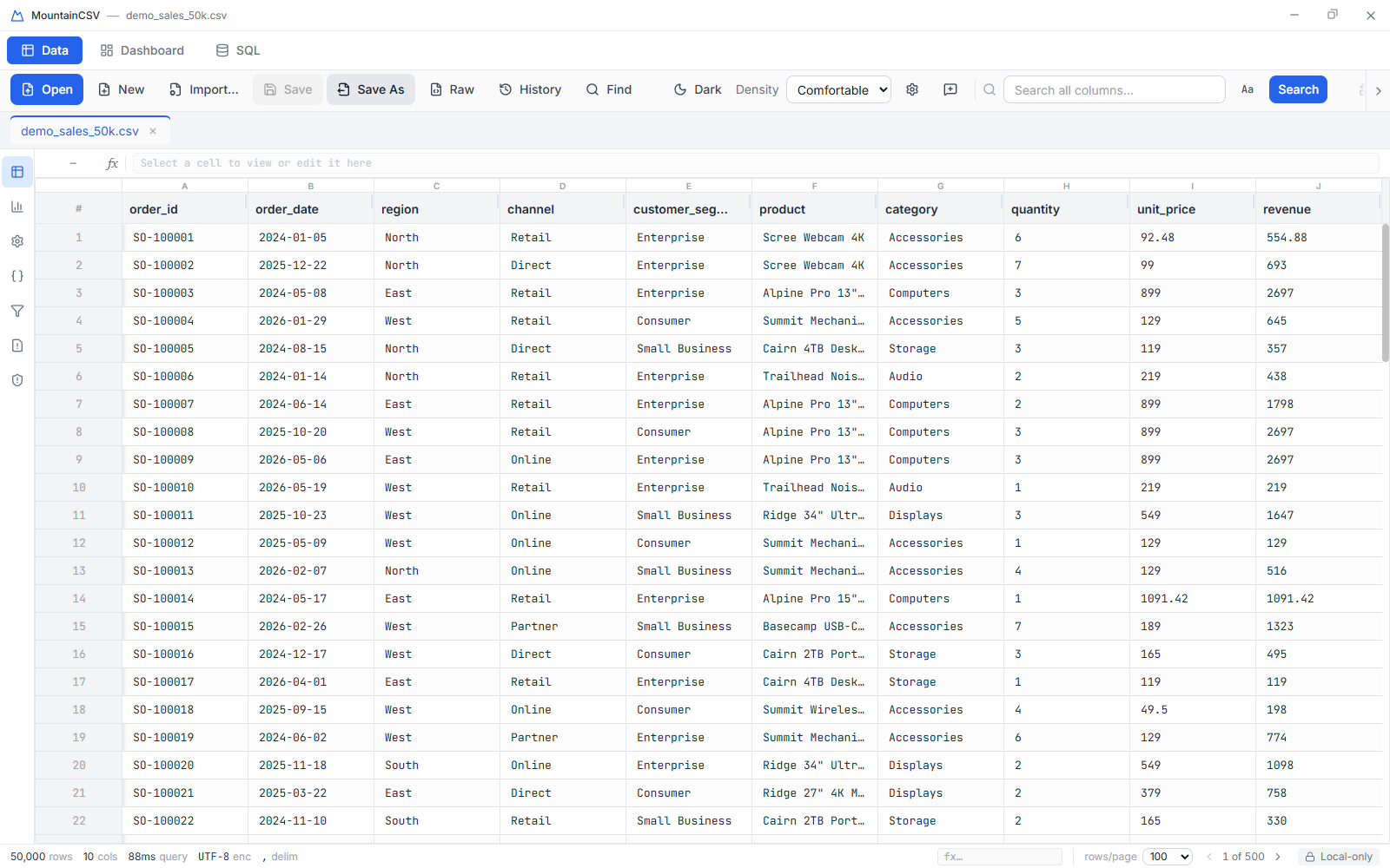 Data mode: the full-screen data grid with its toolbar