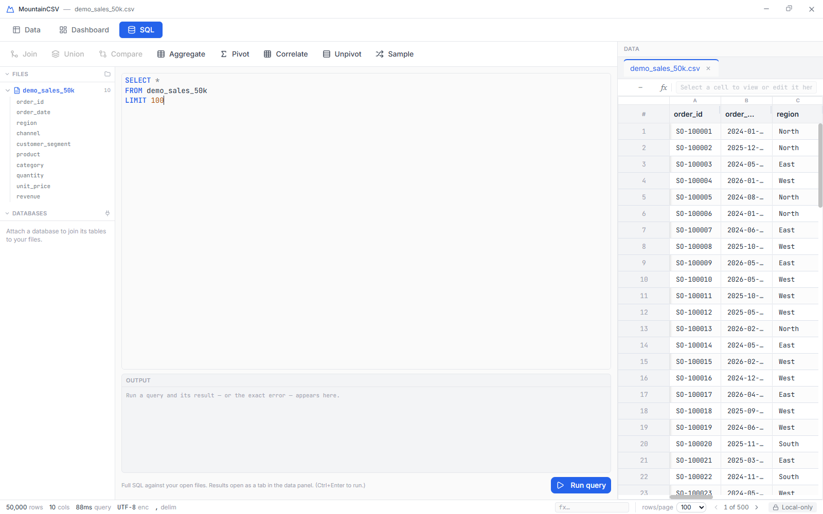 SQL mode: editor and reshape tools with the data grid alongside