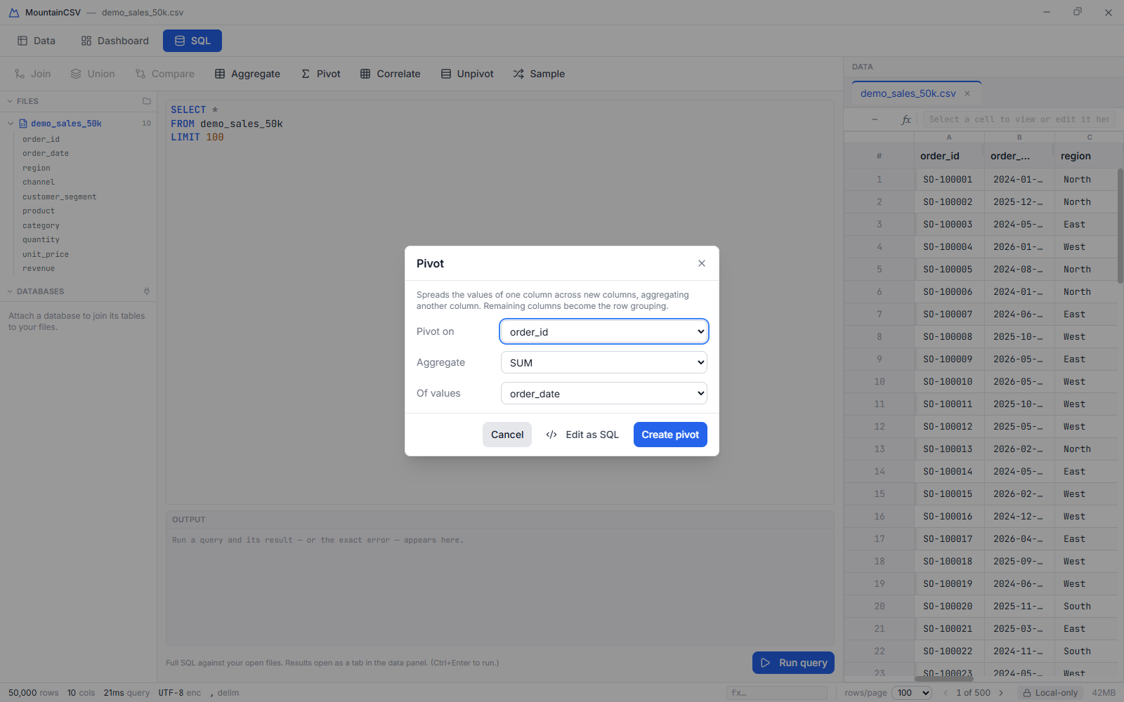 Pivot dialog reshaping data into new columns