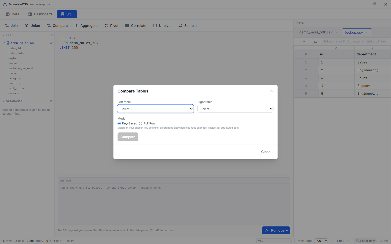 The Compare dialog reporting differences between two tables