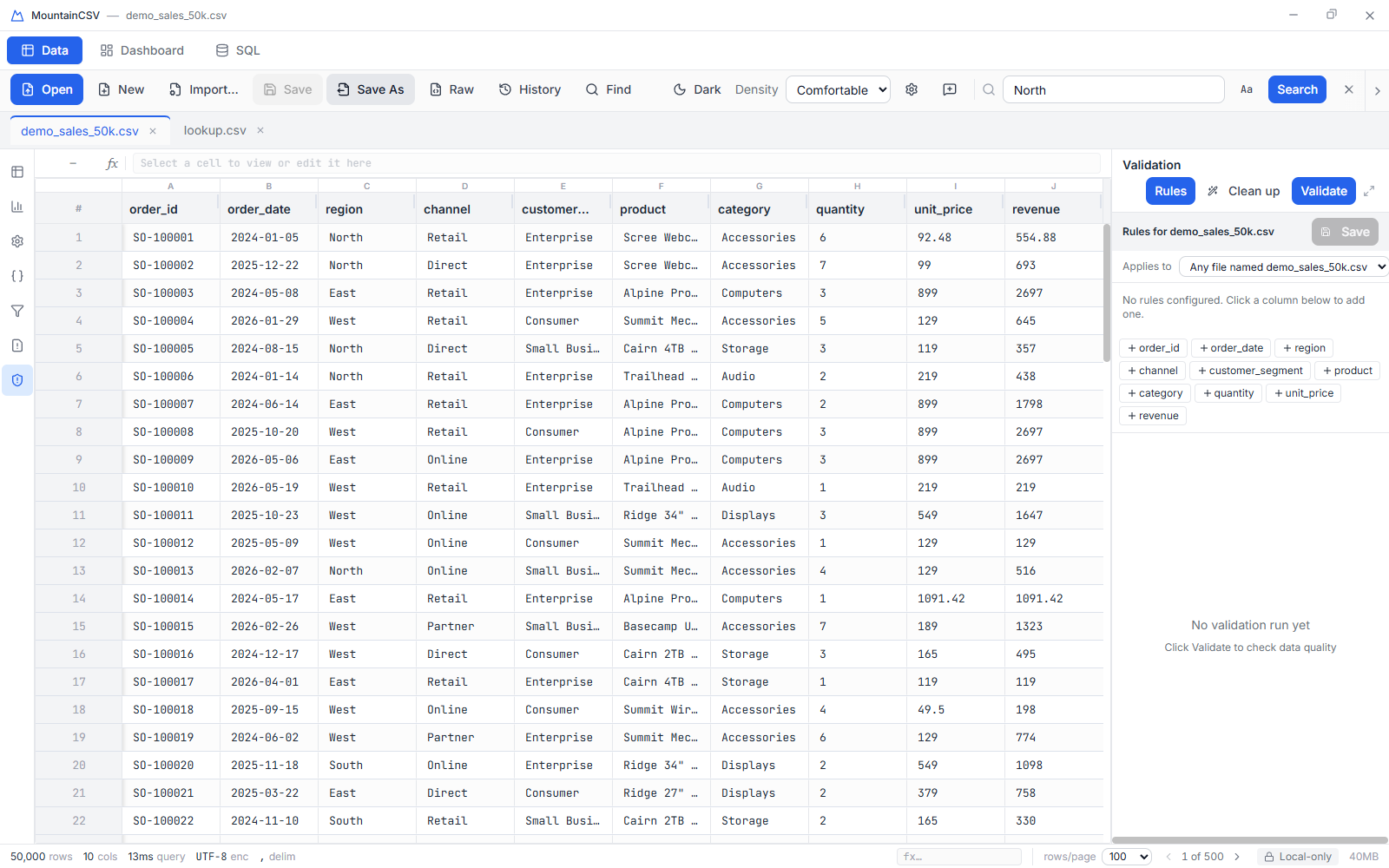 Validation panel with per-column rules