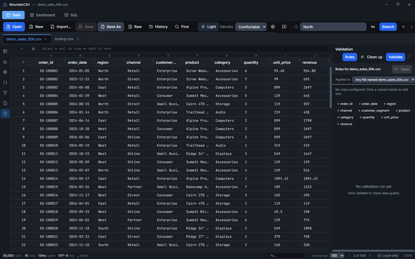 MountainCSV in dark theme