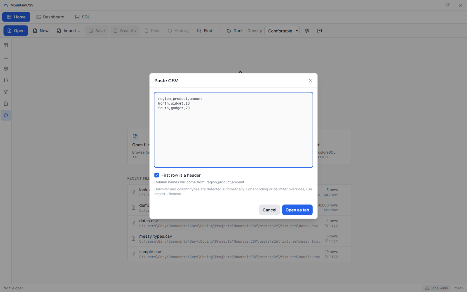 Paste CSV dialog with pasted text