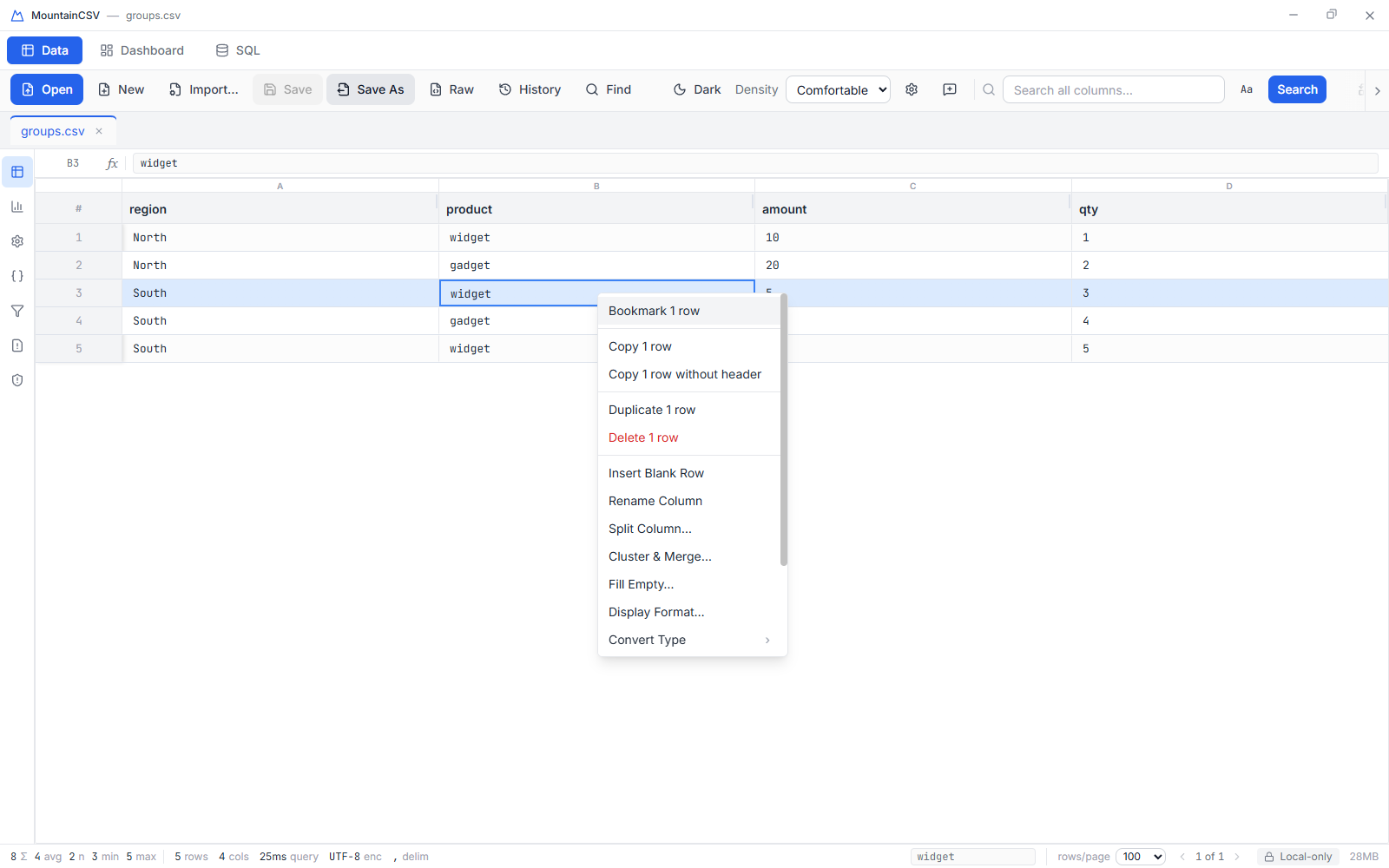 Right-click context menu on a data row