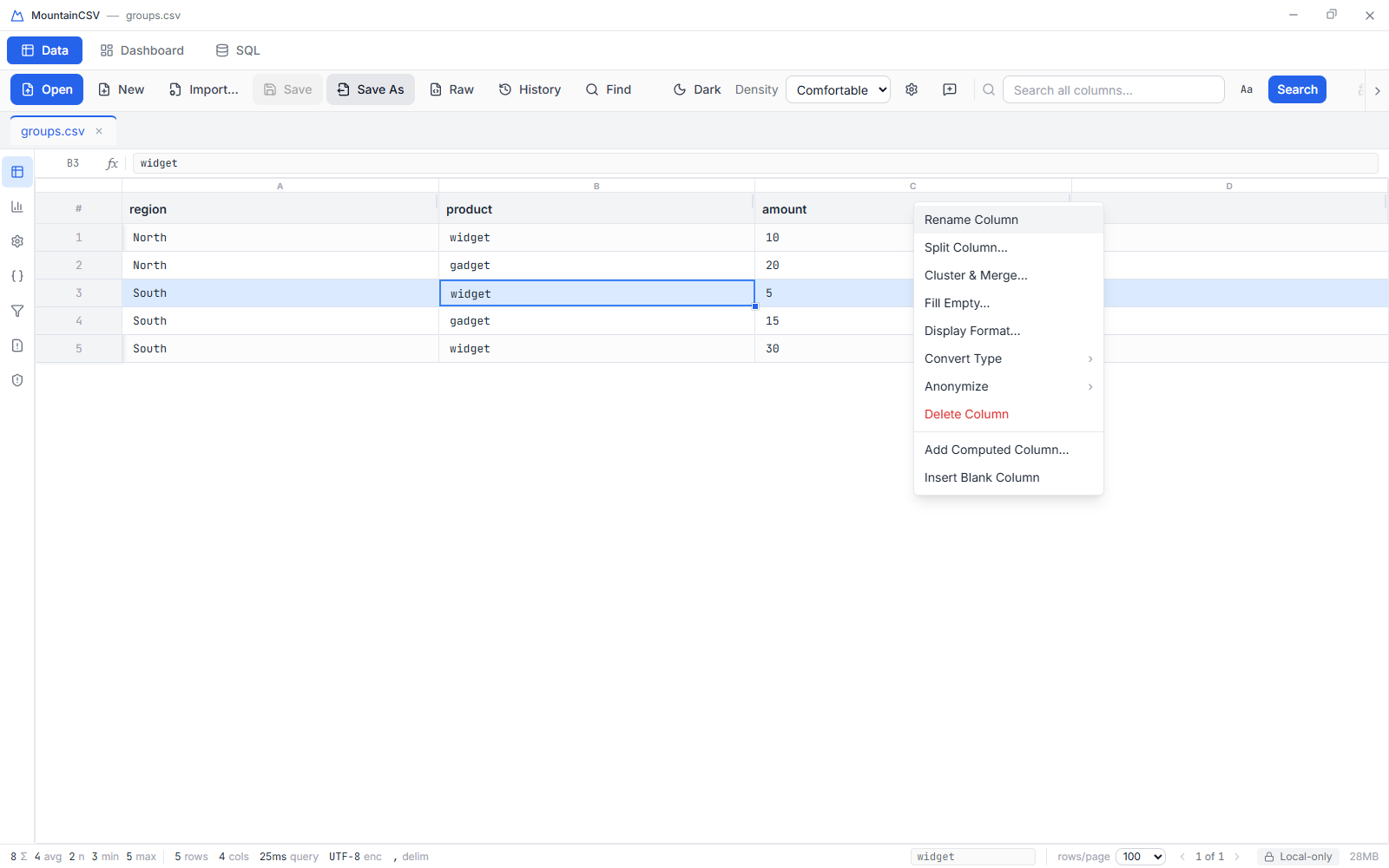 Column header context menu