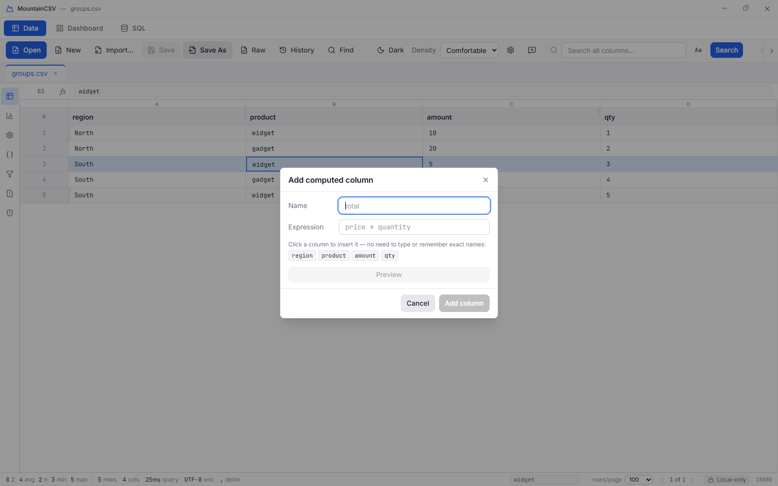 Add computed column dialog with clickable column chips
