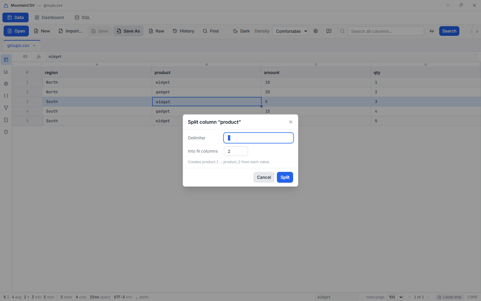 Split column dialog