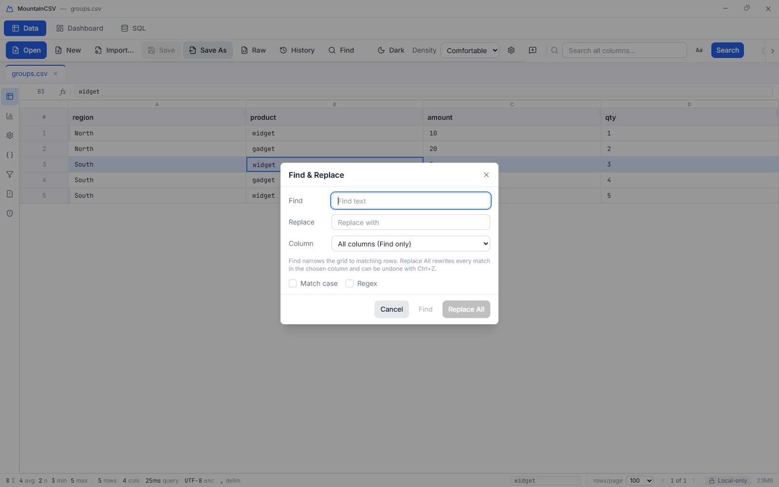 Find and replace dialog