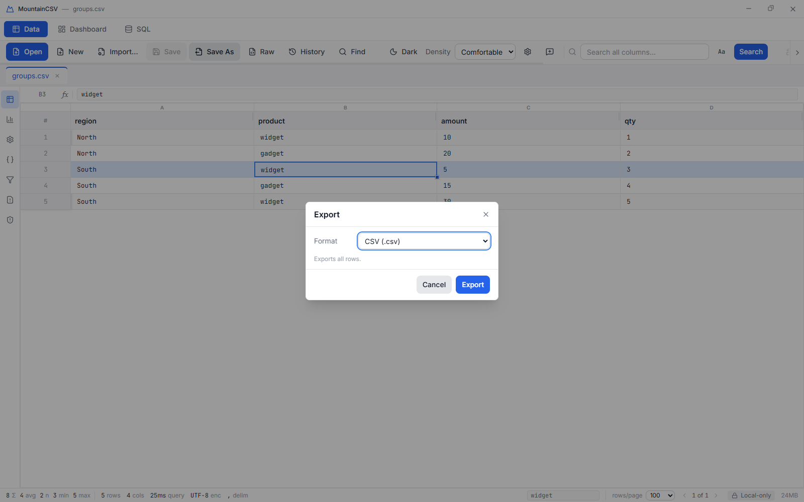 Export dialog with format options