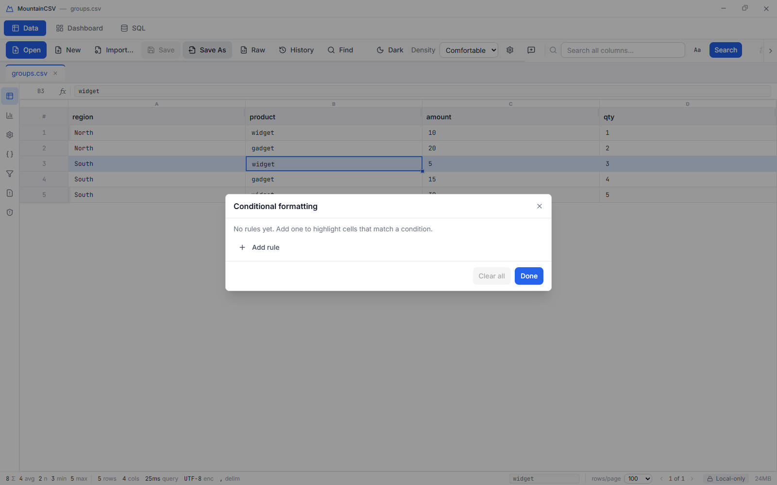 Conditional formatting dialog with rules