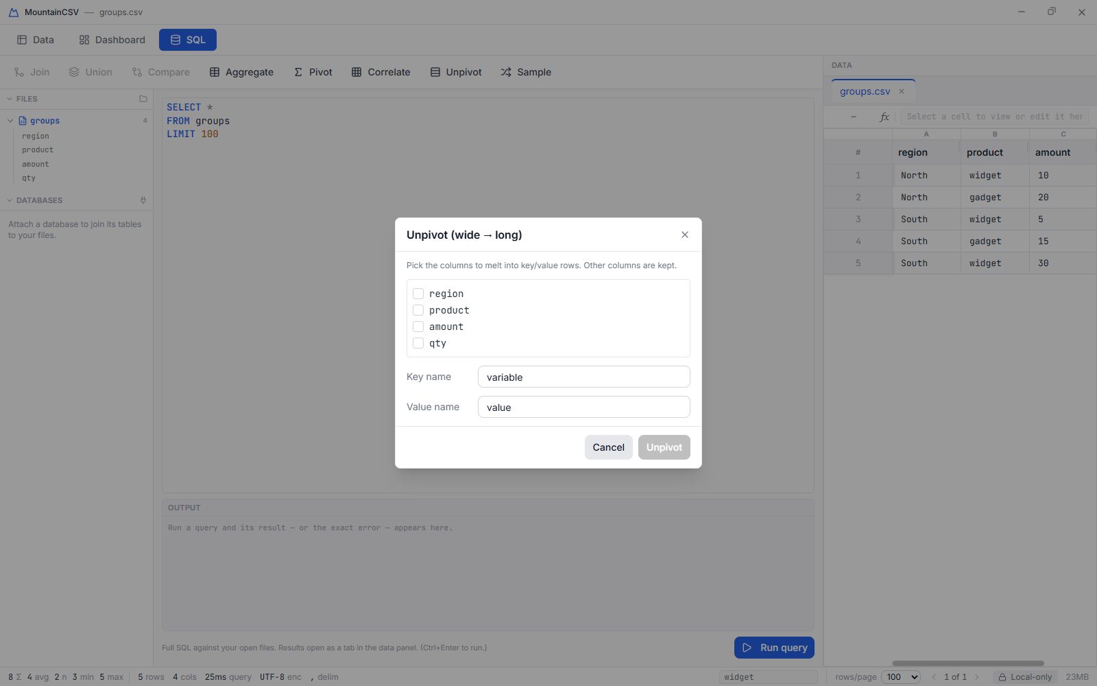 Unpivot dialog