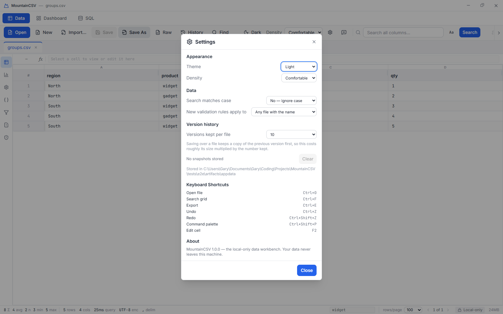 Settings dialog